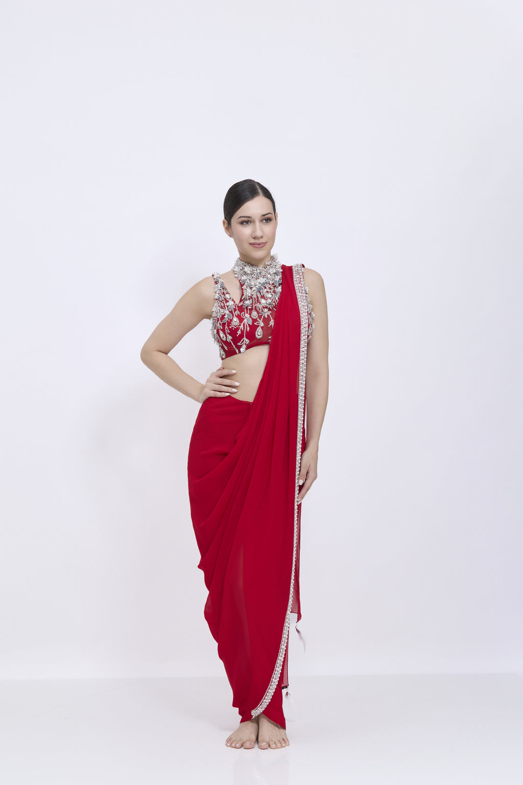 Red Etm Draped Saree