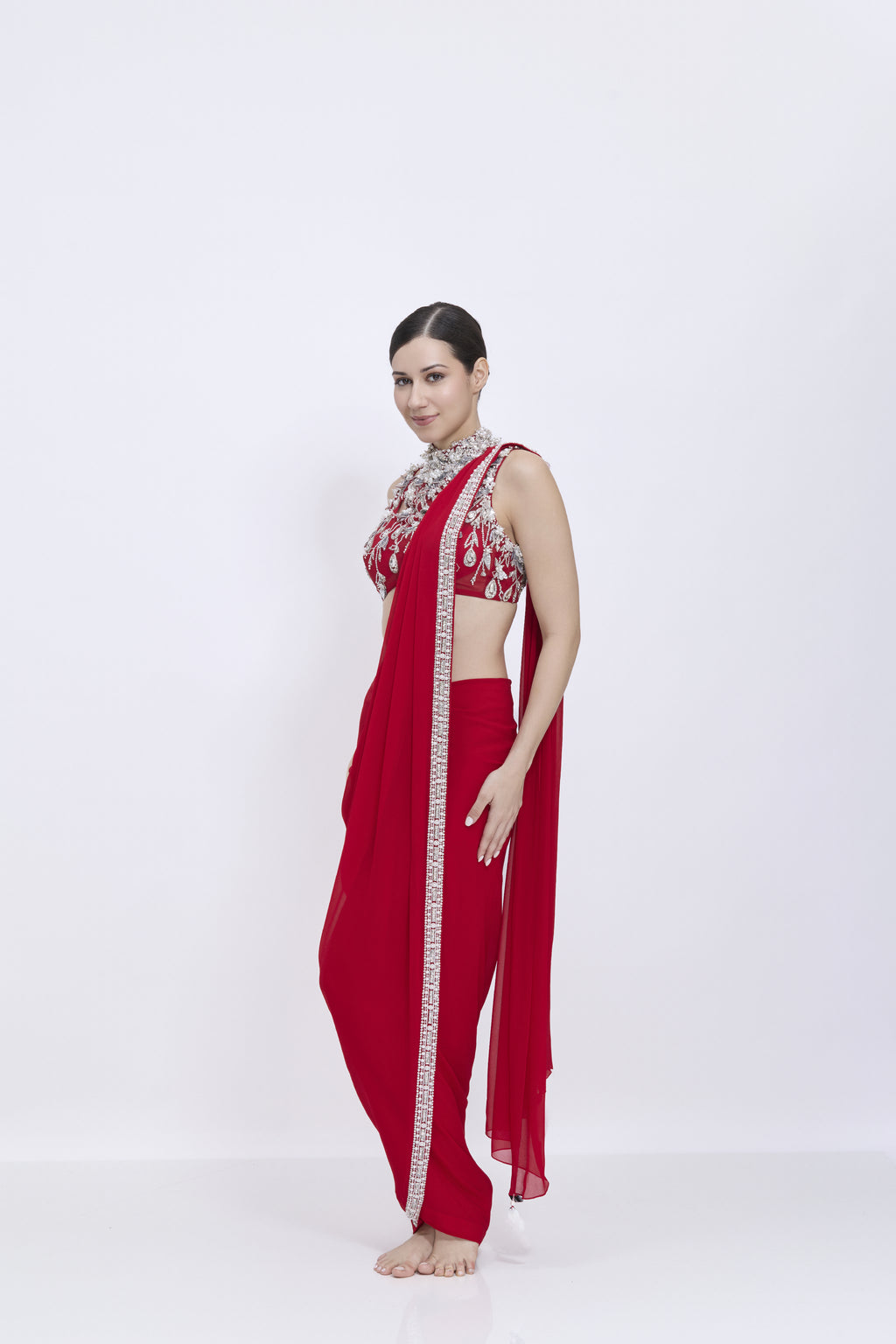 Red Etm Draped Saree