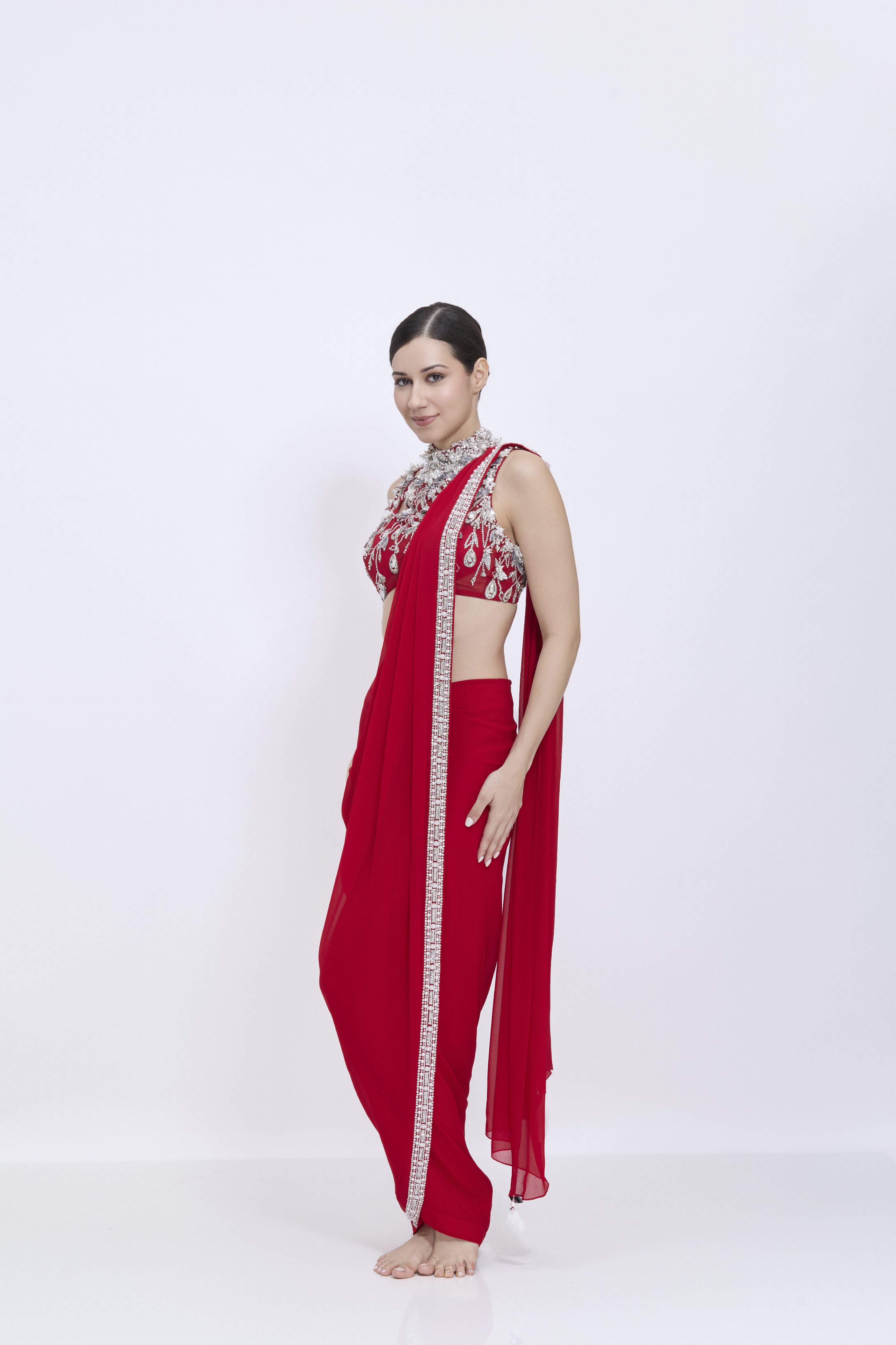 Red Etm Draped Saree