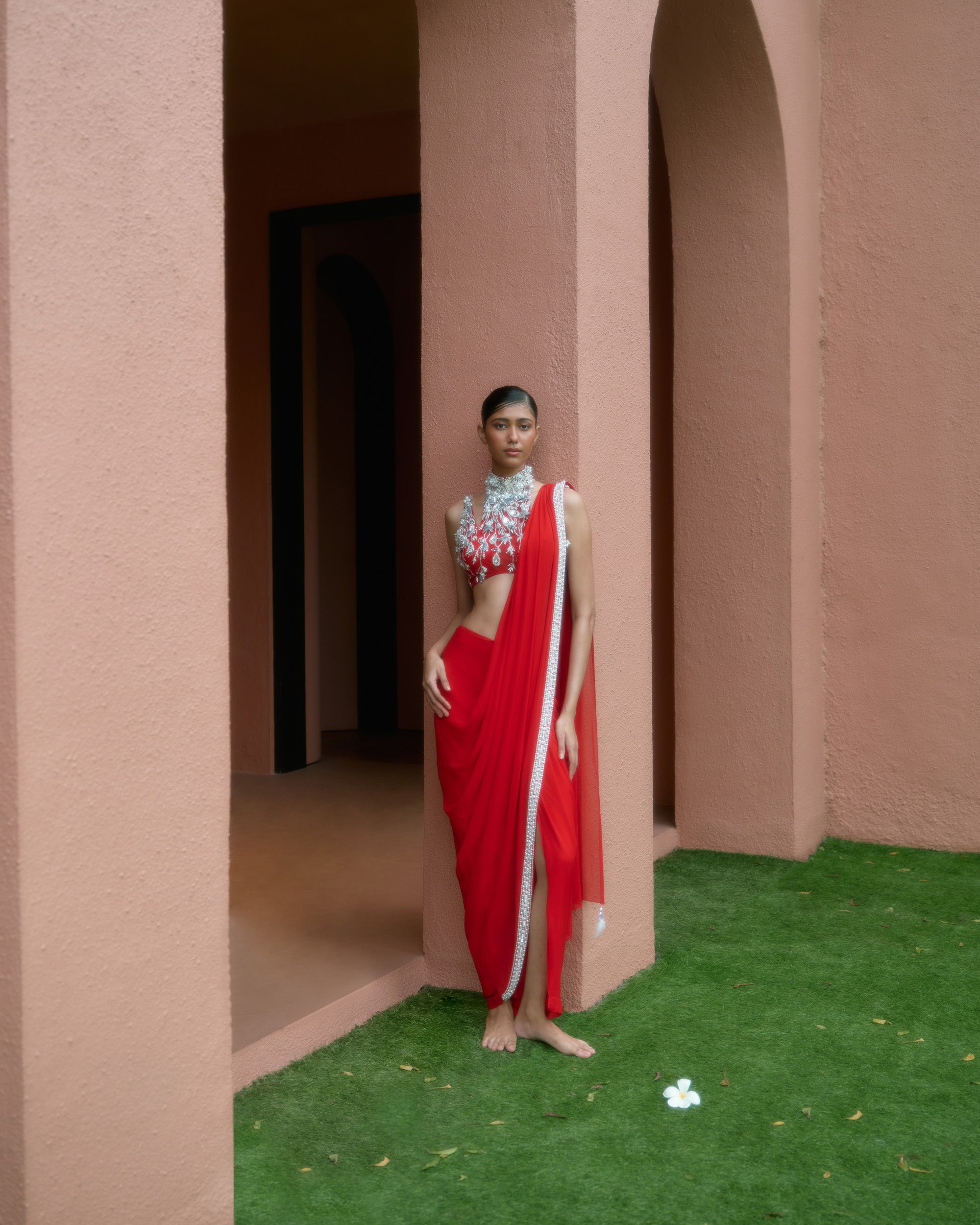 Red Etm Draped Saree