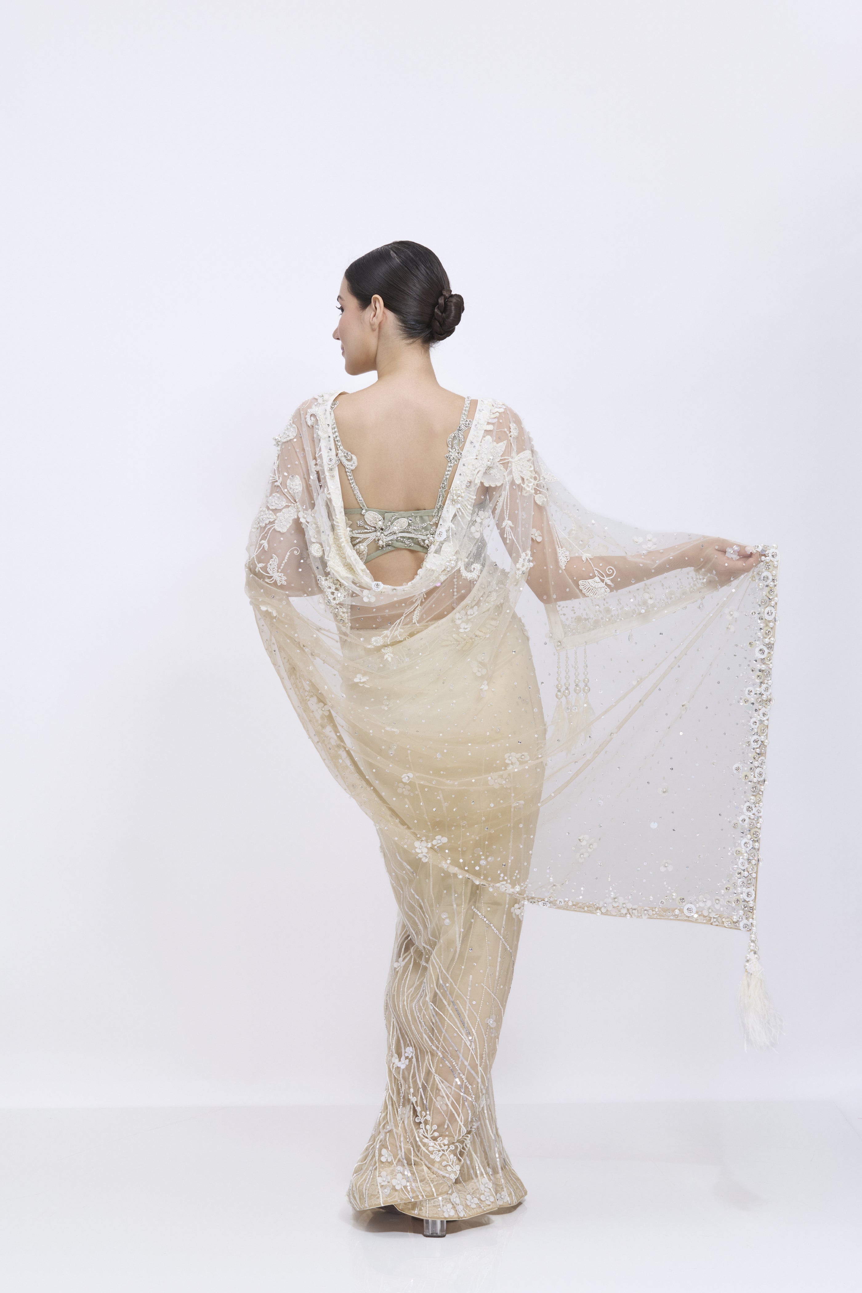 Shaded Ivory-Khakhi Gold  Saree