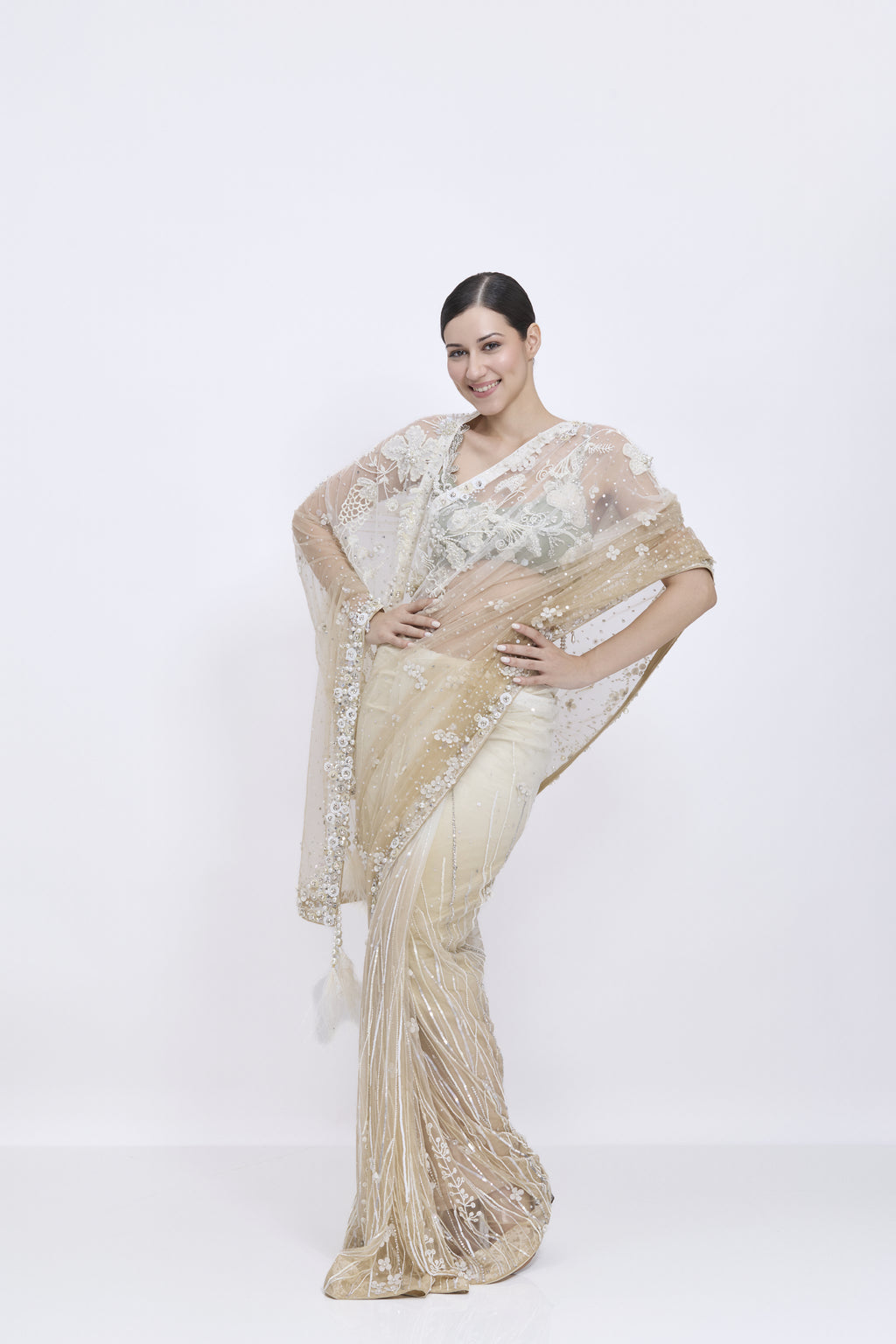 Shaded Ivory-Khakhi Gold  Saree