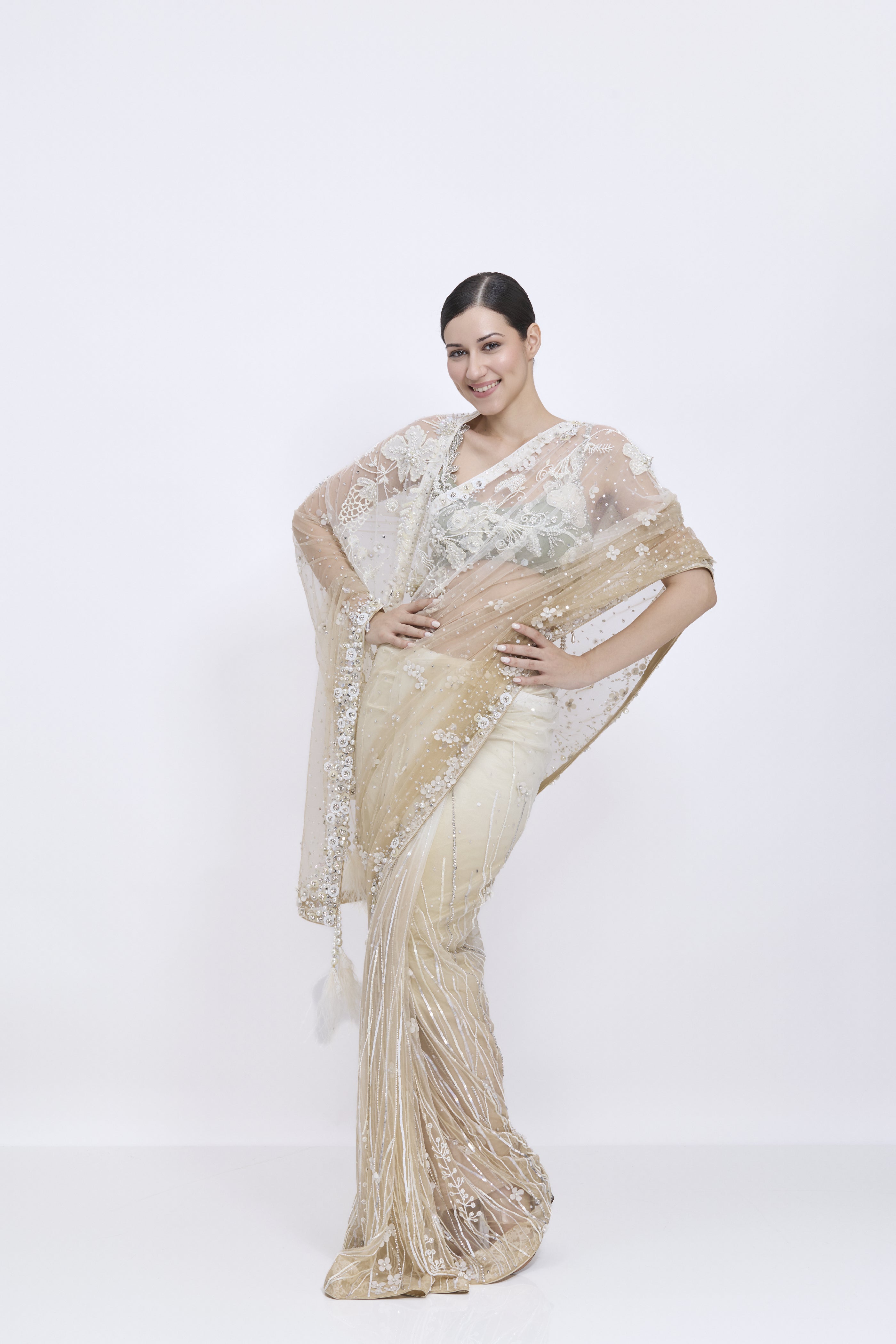 Shaded Ivory-Khakhi Gold  Saree