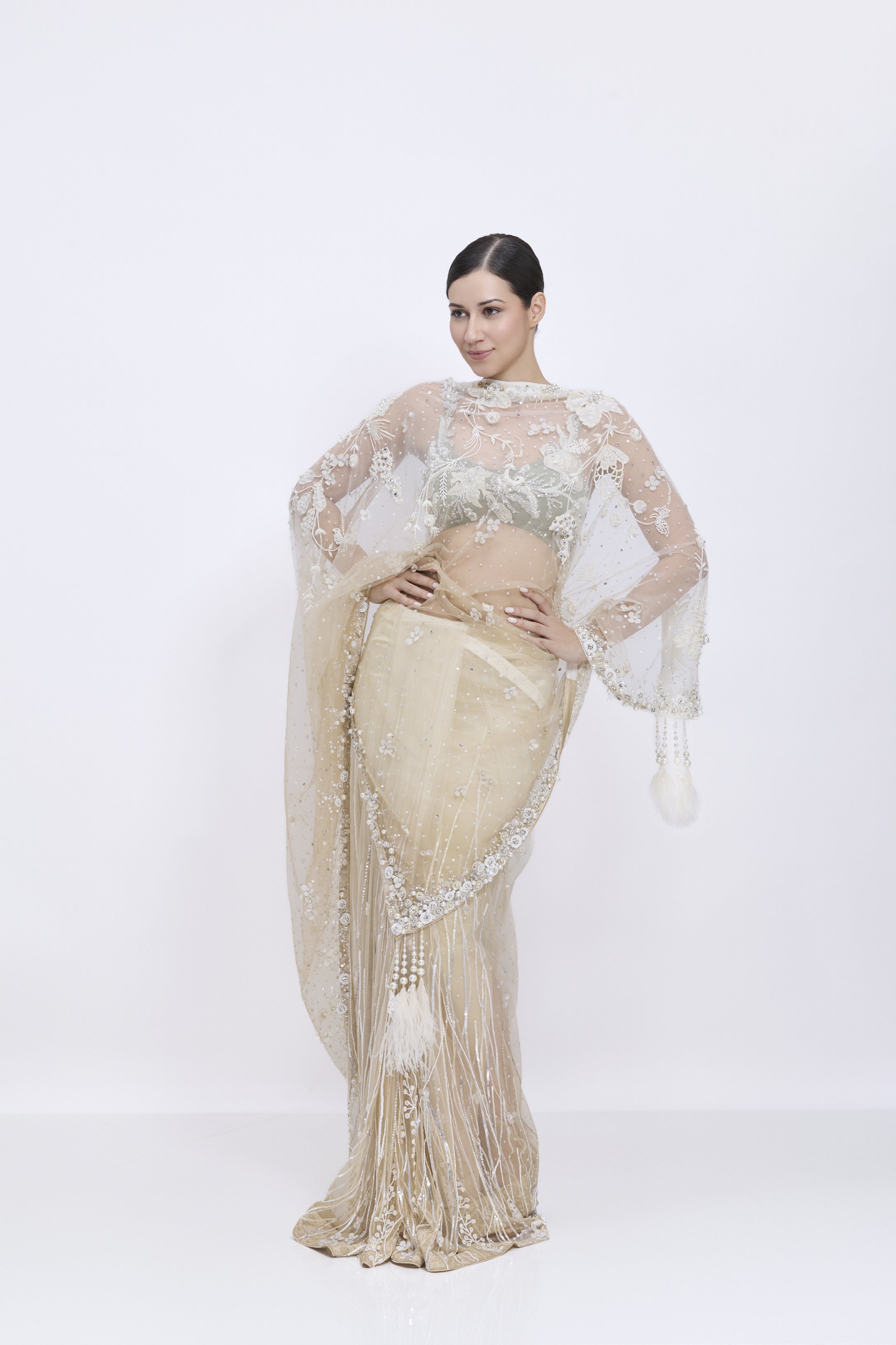 Shaded Ivory-Khakhi Gold  Saree