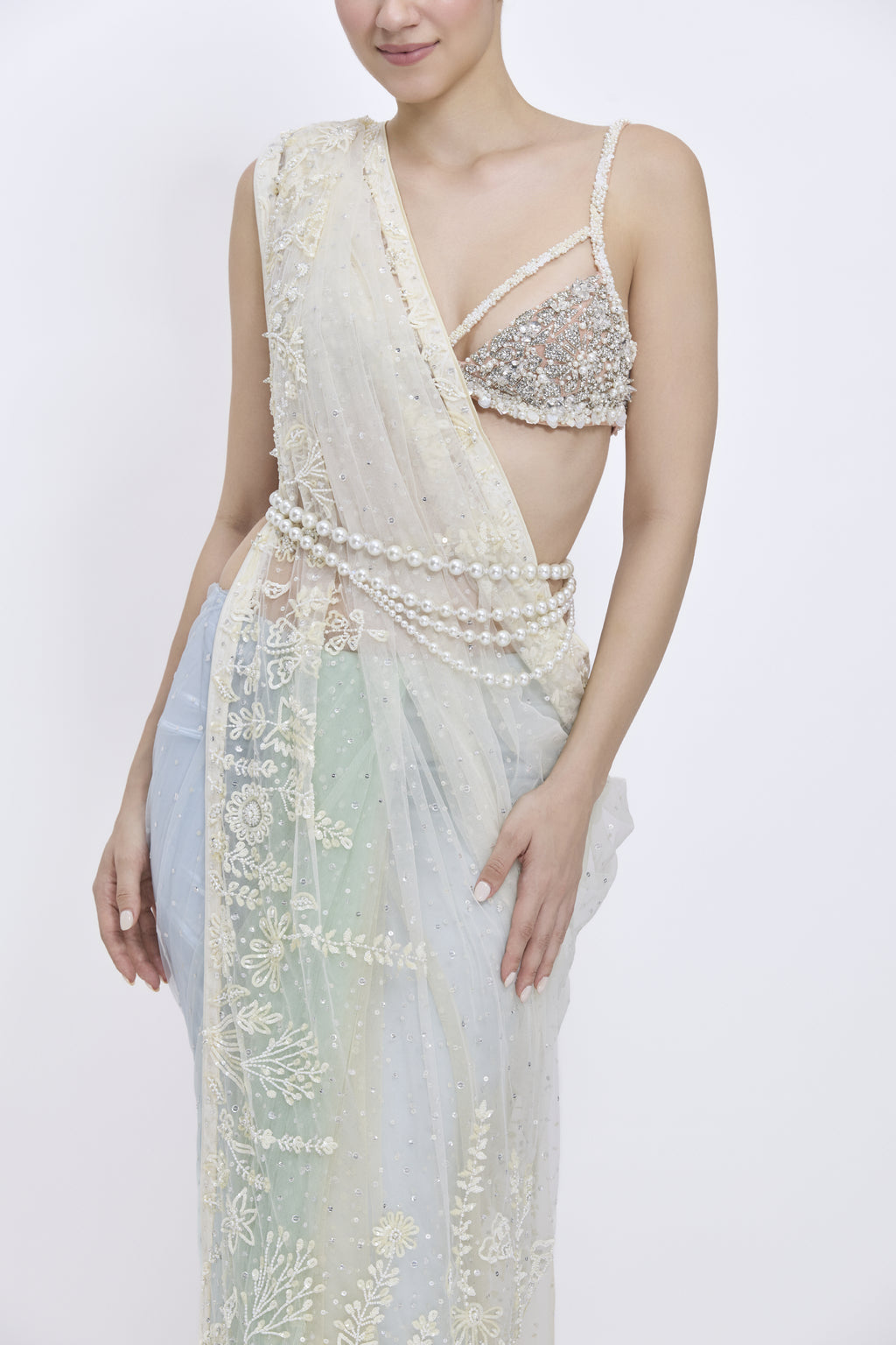 Shaded Ivory-Creme-Mint - Powder Blue Saree
