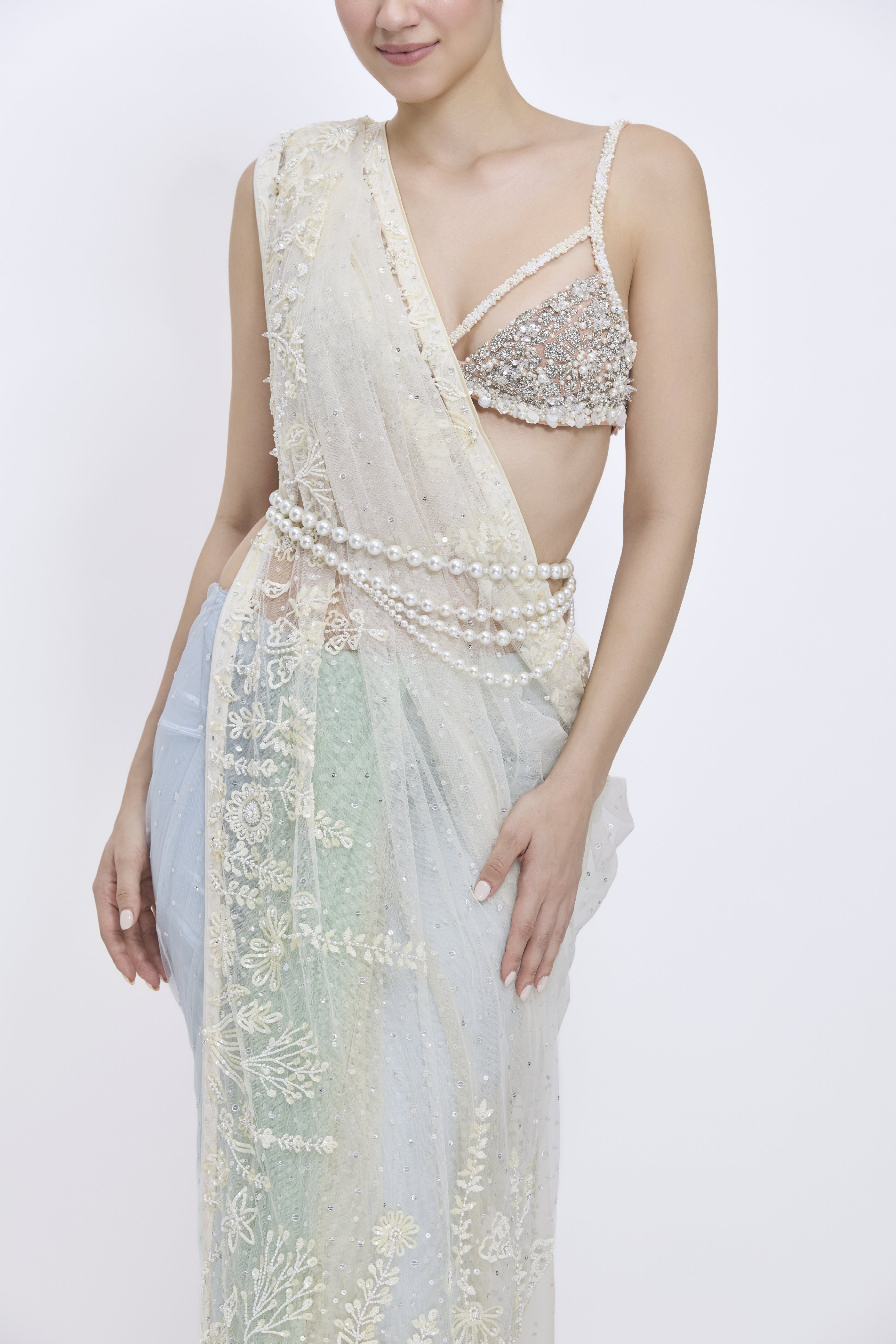 Shaded Ivory-Creme-Mint - Powder Blue Saree