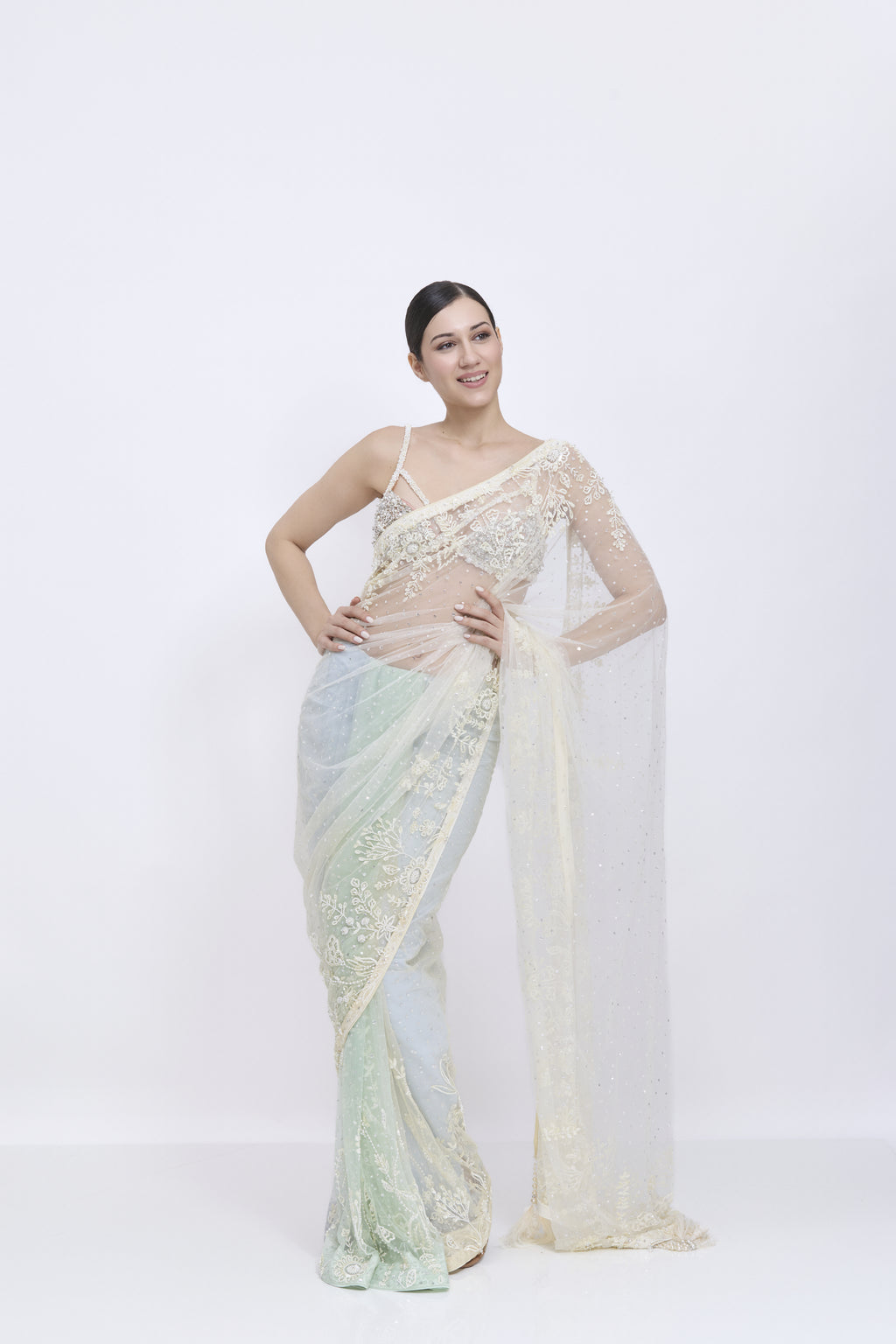 Shaded Ivory-Creme-Mint - Powder Blue Saree