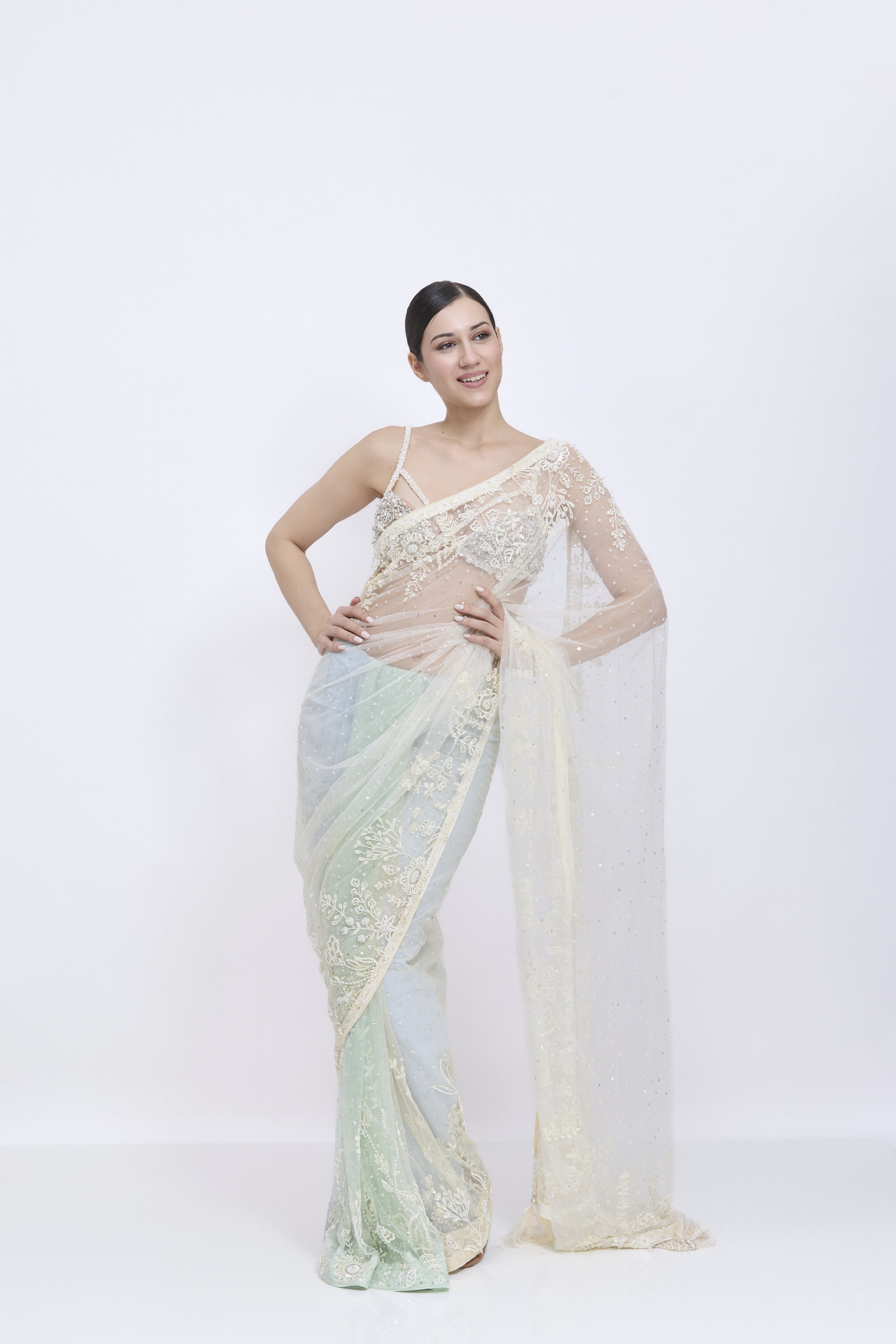 Shaded Ivory-Creme-Mint - Powder Blue Saree