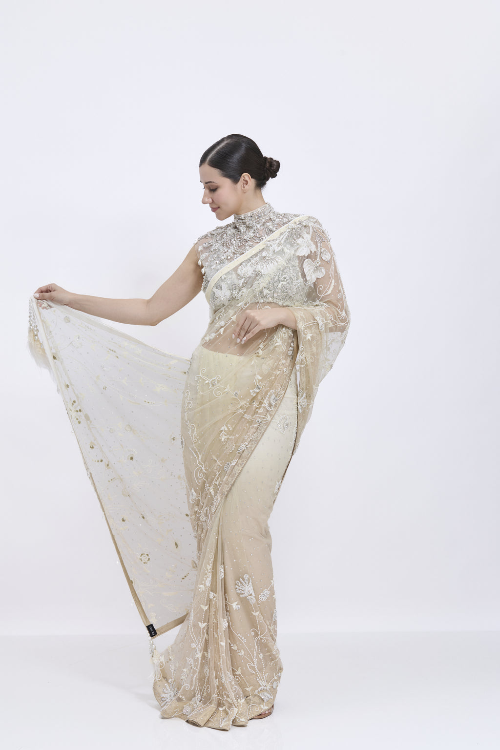 Shaded Creme- Mehendi-Khaki Gold Saree